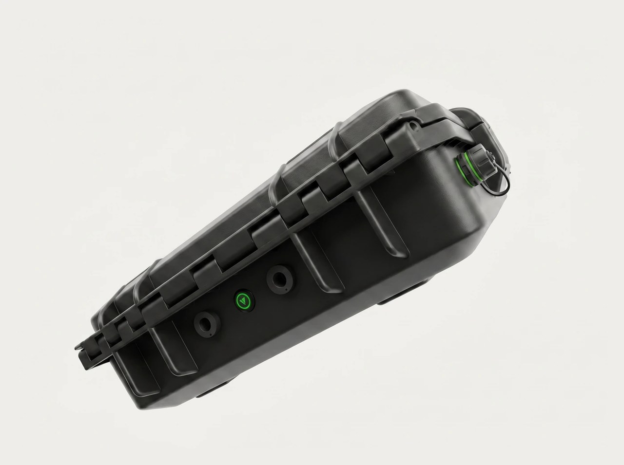 Exterior side of the VBAT45 travel case showing ports, power button, and sealed CAT6 cap
