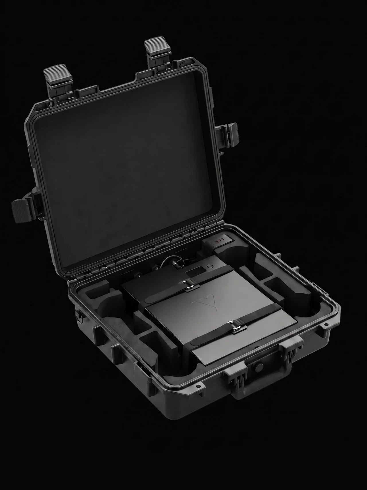 Open VBAT45 case with battery and accessory layout