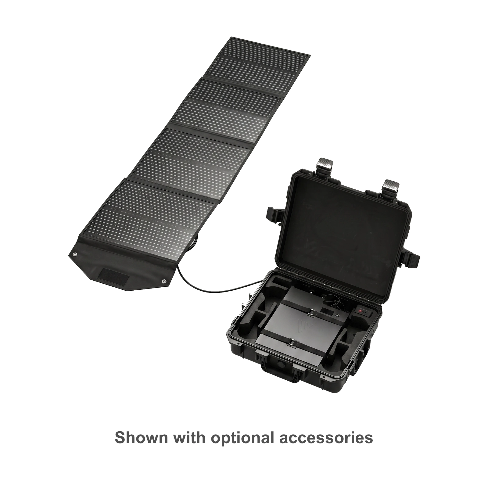 Open 45-Hour Battery case connected to a folding solar panel